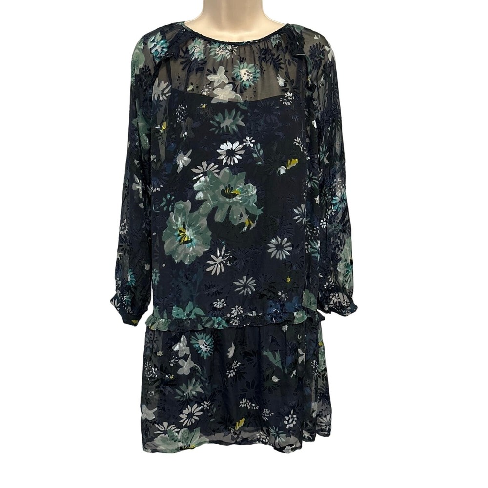 Loft Blue & Green Floral Layered Dress Long Sleeves Sheer Overlay 14 Pre-owned